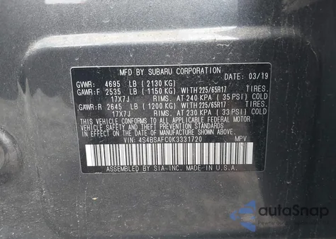 2019 Subaru Outback 2.5I Premium z USA, uszkodzony, nr VIN 4S4BSAFC0K3331720